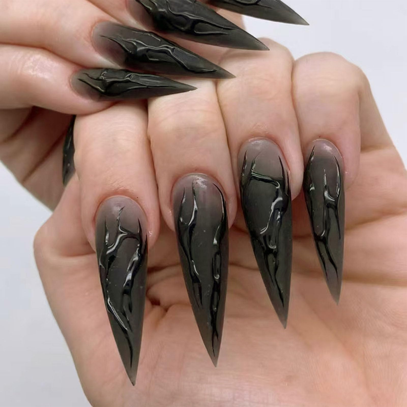 IMRAIN Press on Nails Long Stiletto Fake Nails Black 3D Line Glue on Nails with Designs Full Cover Matte Acrylic Almond Goth Stick on Artificial Nails