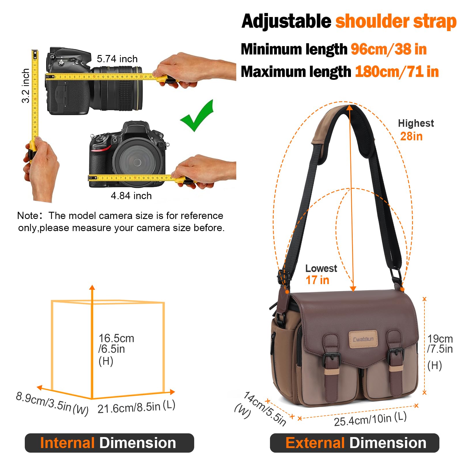 Cwatcun Sac à bandoulière pour appareil photo compact, petit sac étanche pour appareil photo avec support trépied, sac de voyage pour appareil photo reflex numérique/SLR/appareil photo sans miroir