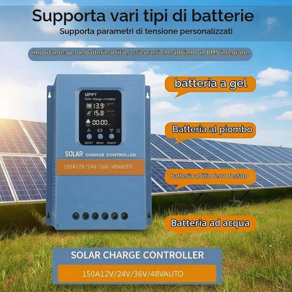Regolatore di carica solare 150A 12V 24V 36V 48V Indicatore LCD di riconoscimento intelligente Regolatore intelligente della batteria Ingresso massimo 100V Doppio USB per batterie al piombo/litio
