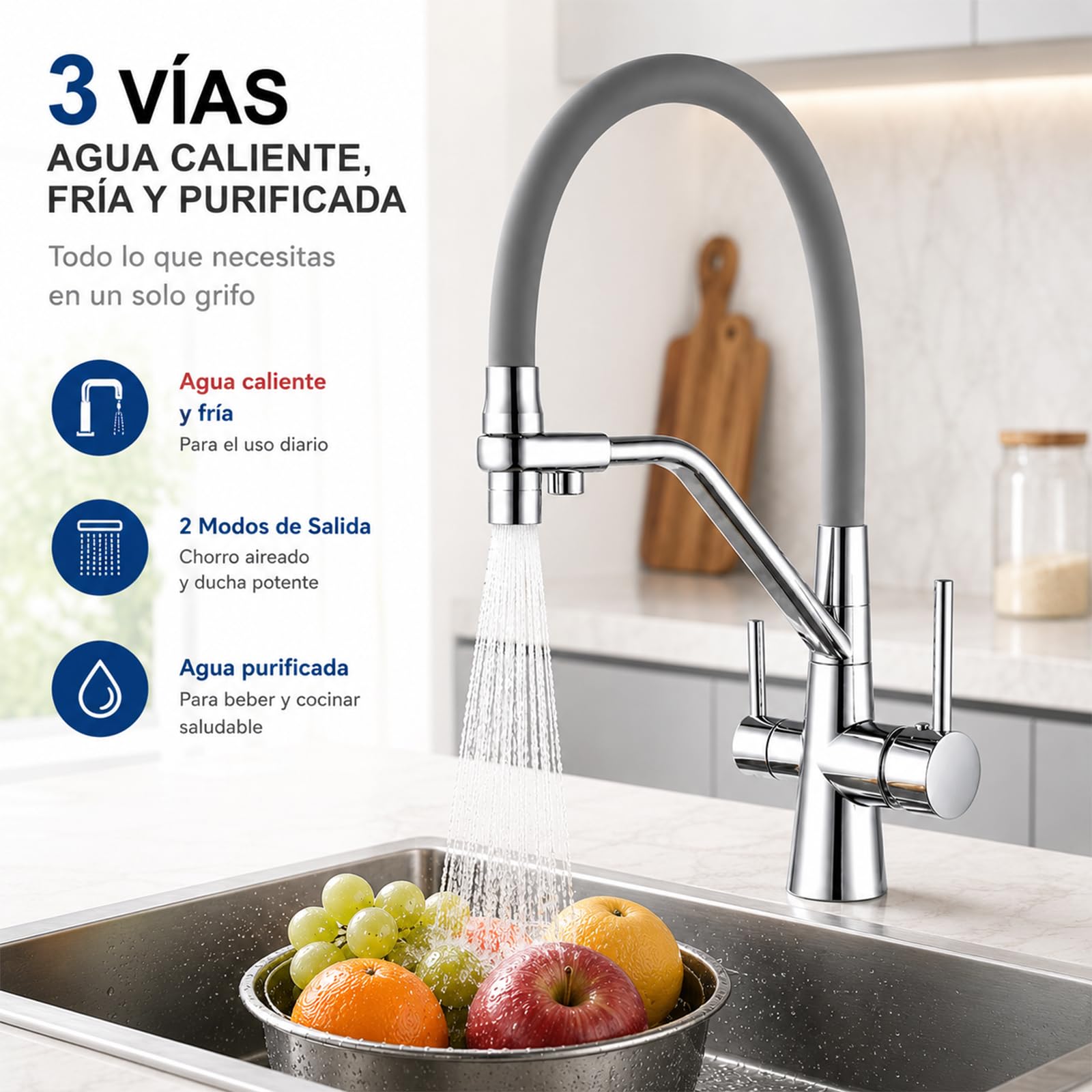 Grifo de Cocina 3 Vías para Ósmosis, 2 Modos de Agua, Cromado | Agua fría, caliente y filtrada | Canal independiente | Latón macizo | Giro 360° | Compatible con ósmosis