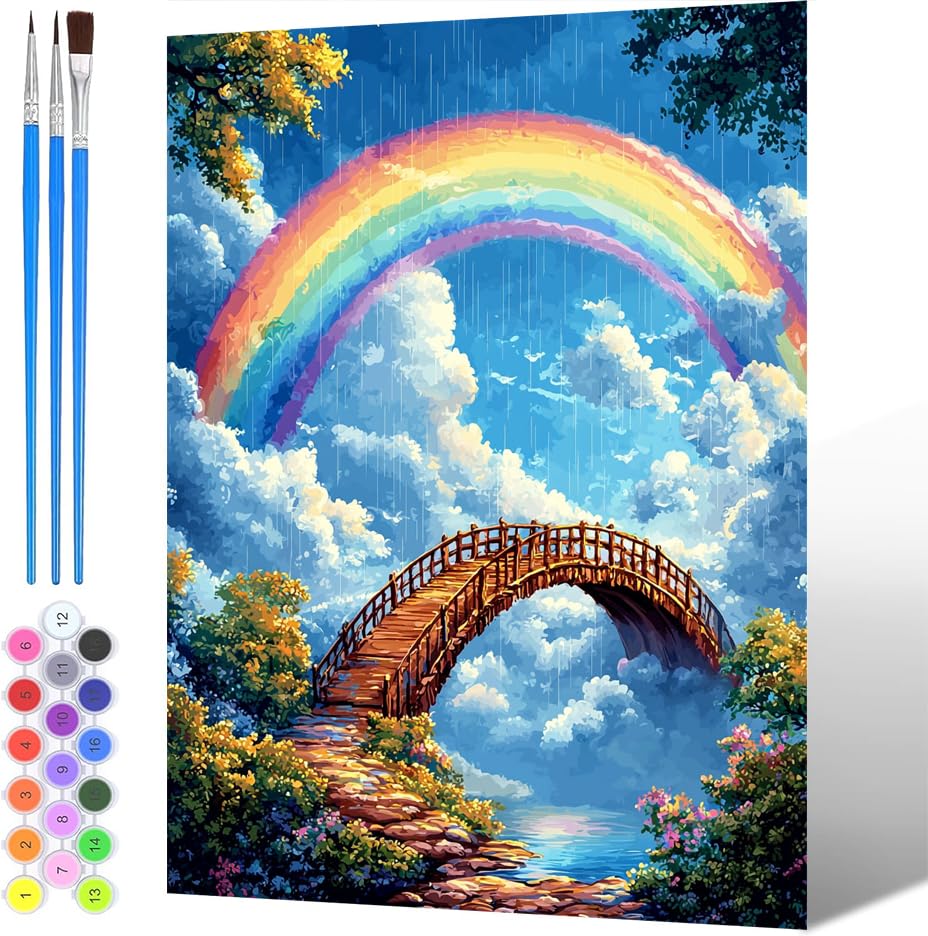 Pintura por Números para Adultos Arcoíris, Painting by Numbers Kits Paisajes, DIY Pintura por números para niños, con Pinceles Pigmento Acrílico (sin marco), Decoraciones del Hogar 80x100cm -1550