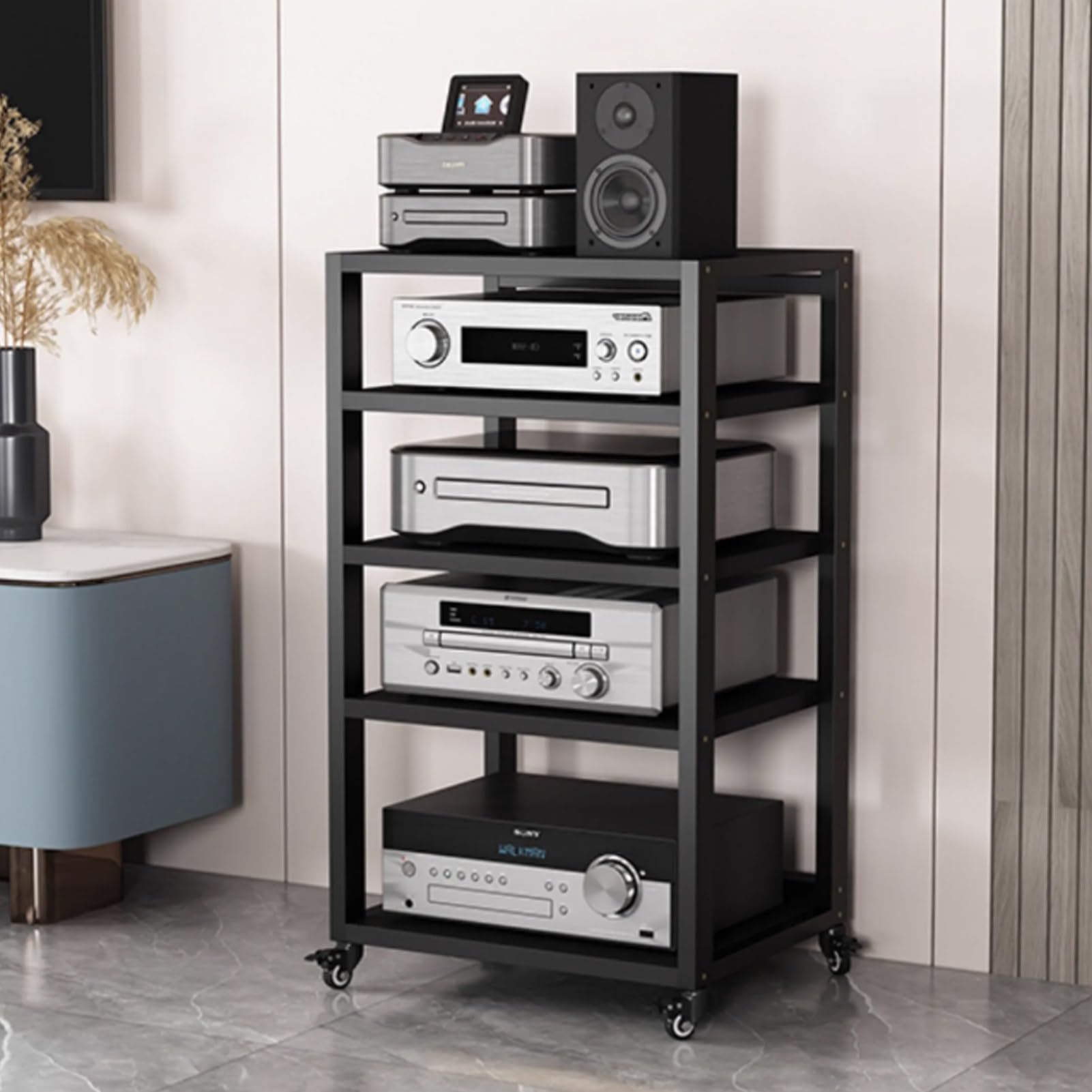 Estante De Audio, Gabinete De Audio HiFi, Medios de Audio y Video con 4 estantes con polea, for Consolas de Juegos/Apple TV/ps4(Nero)