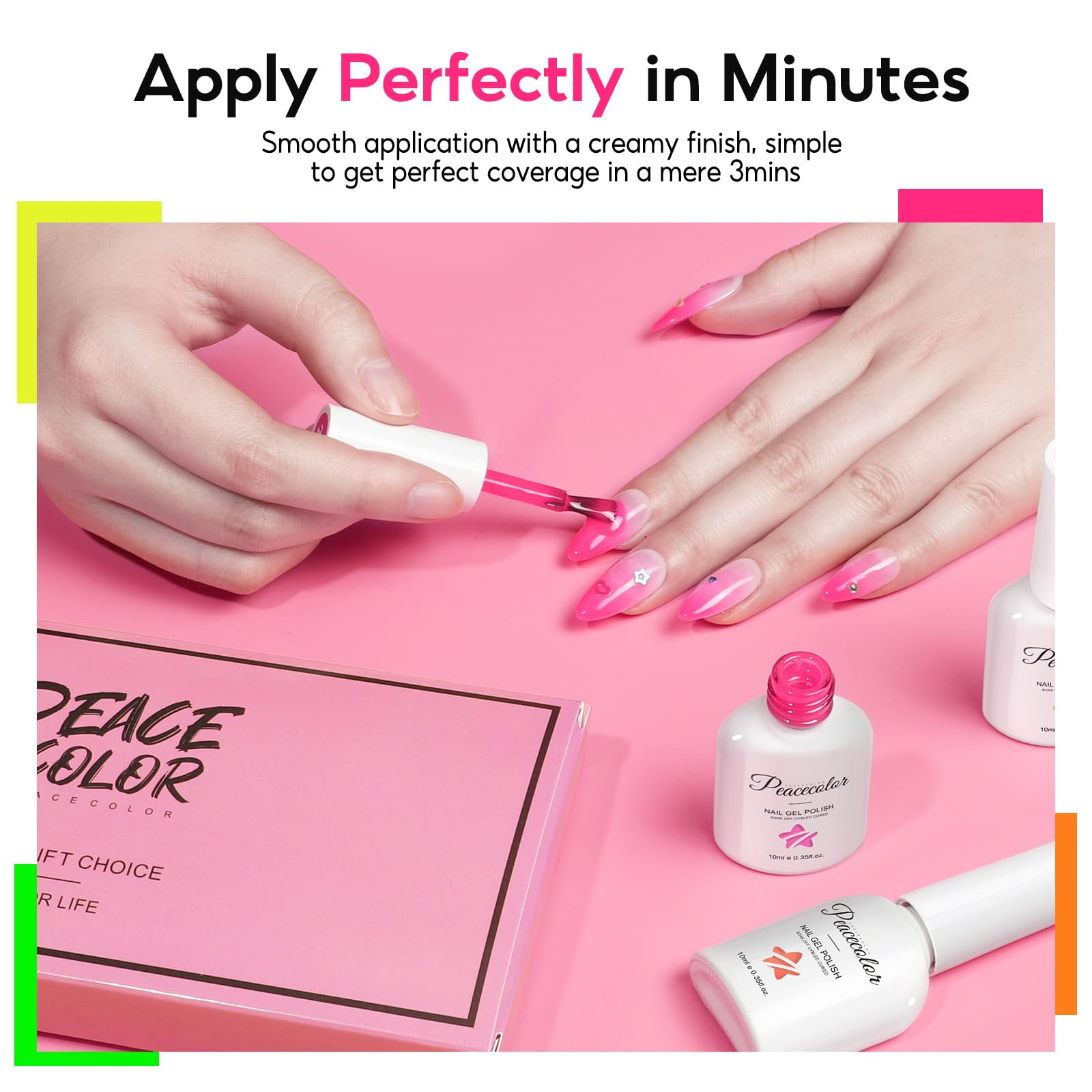 PEACECOLOR Vernis Semi Permanent Néon 10ML, 6 Couleurs Rose Orange Jaune Vert Bleu Pourpre Vernis Gel UV Semi Permanent Soak Off Gel Ongle Nail Art Manucure Cadeaux pour Femmes