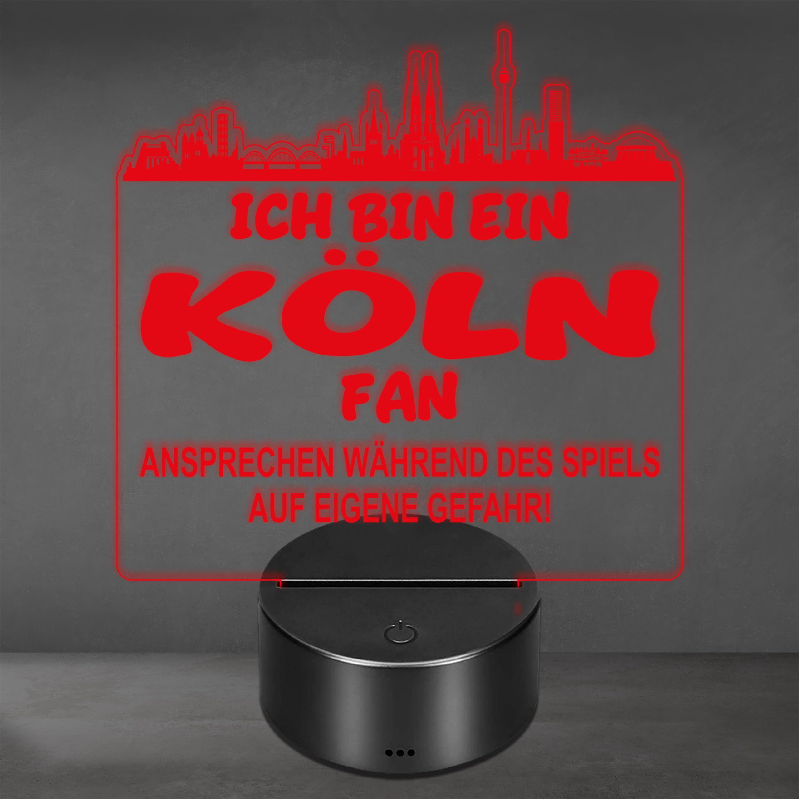 Lieblingsmensch Köln Fan Fußball LED Nachtlicht – 3D Skyline Design „Ansprechen auf eigene Gefahr“ – RGB Farbwechsel mit Fernbedienung & Touch – Stimmungslicht für die Man Cave – 19x23cm