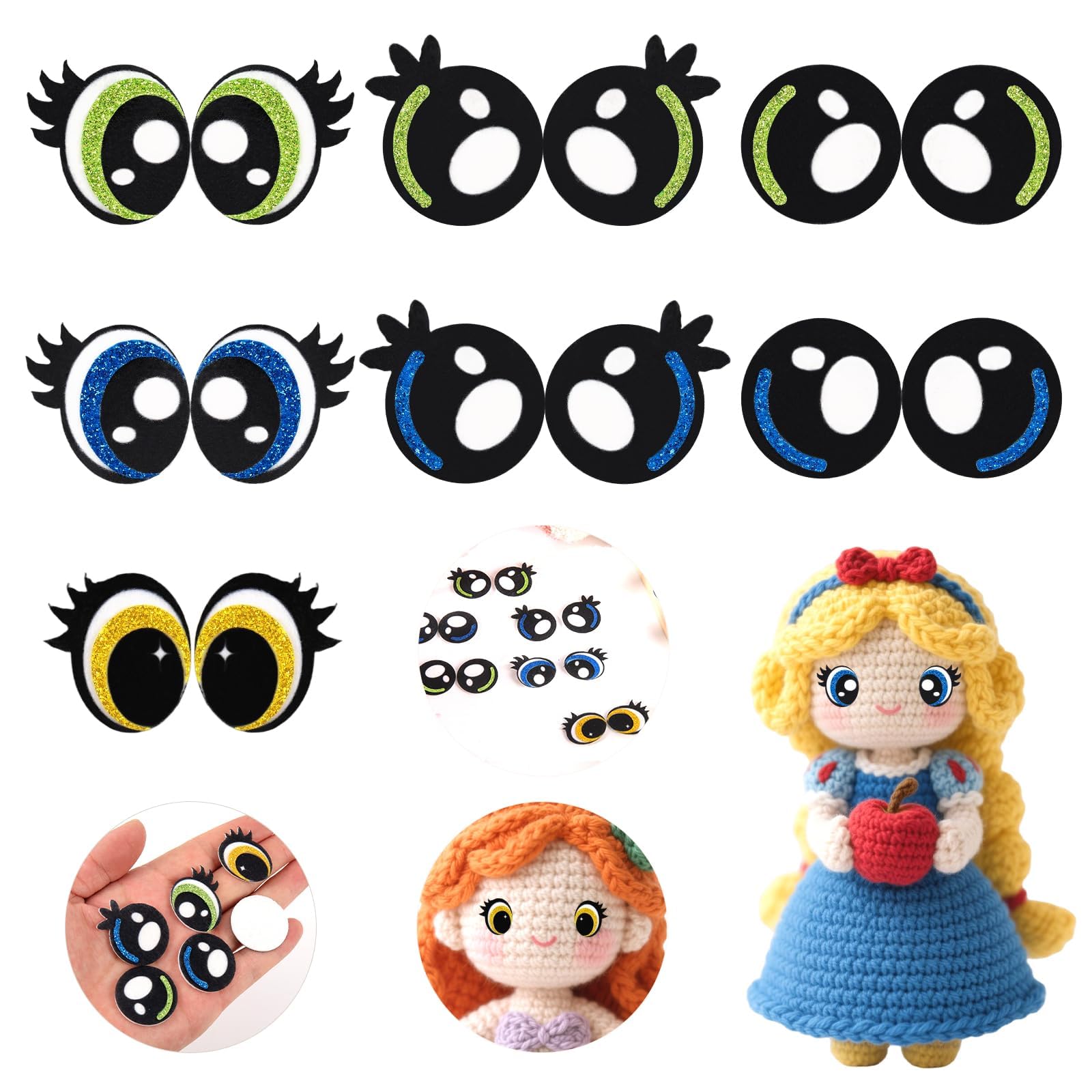 MUCUNNIA 7 Pairs 30mm Glitter Round Felt Eyes for Amigurumi with Lashes, Heart Felt Eyes for Crafts, Felt Eyes for Crochet Animals, Kawaii Eyes for Amigurumi Puppet Teddy Bear Crochet Toy Plush Animal