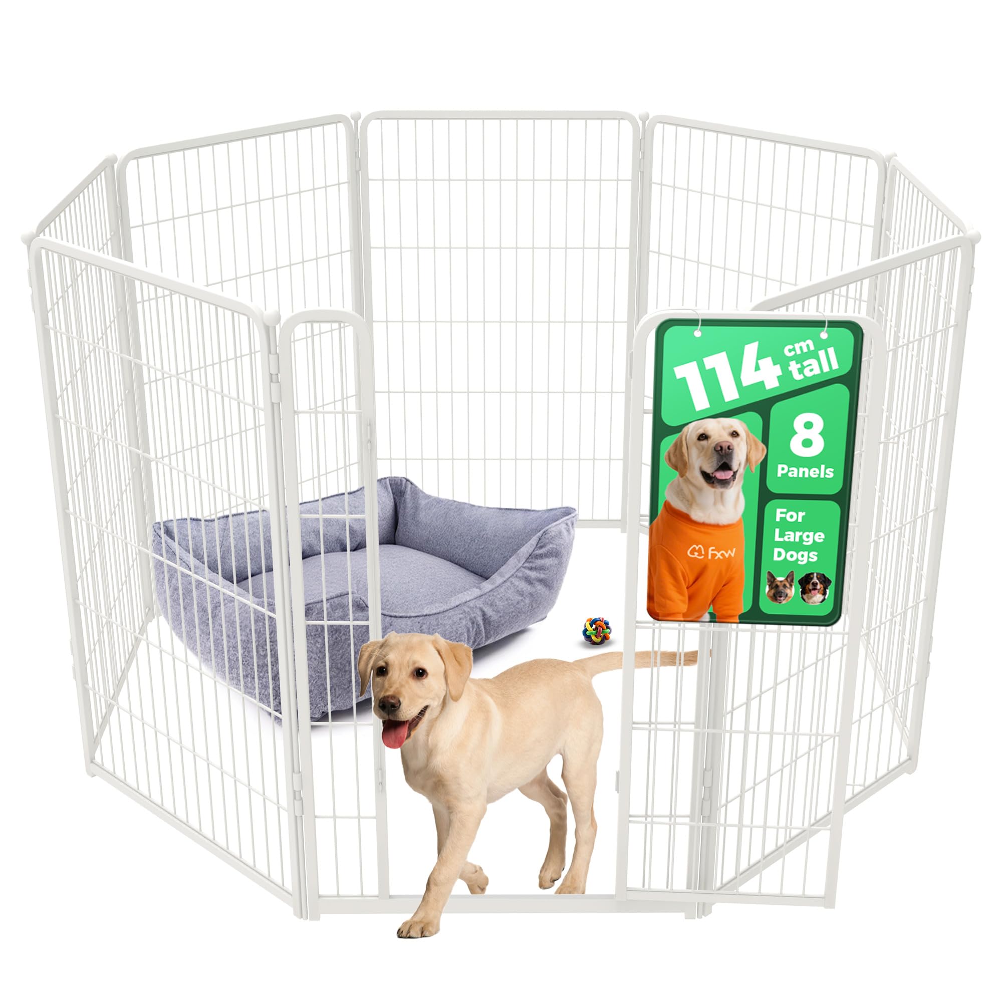 fxw Homeplus Unleashed Indoor Dog Playpen - Stress-Free and Safe Play, Heavy Duty 114cm Height 8 Panels Dog Pen for Large Dogs, White│Patent Pending