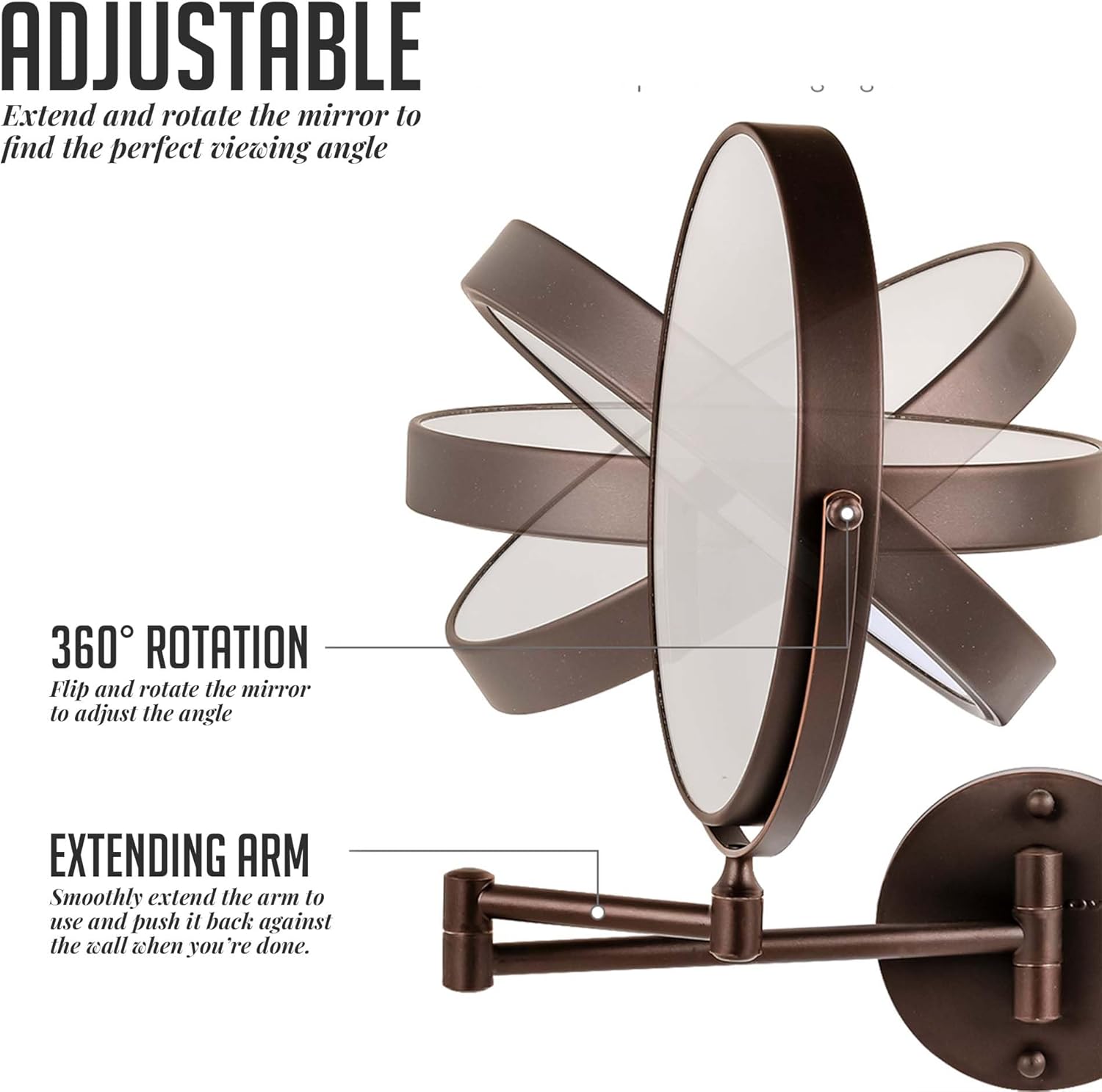 OVENTE 9" Wall Mounted Makeup Mirror with 1X/10X Magnification, Double Sided Magnifying Round Bathroom Vanity Mirror, 360° Swivel Design, Extendable and Folding Arm, Antique Bronze MNLFW90ABZ1X10X