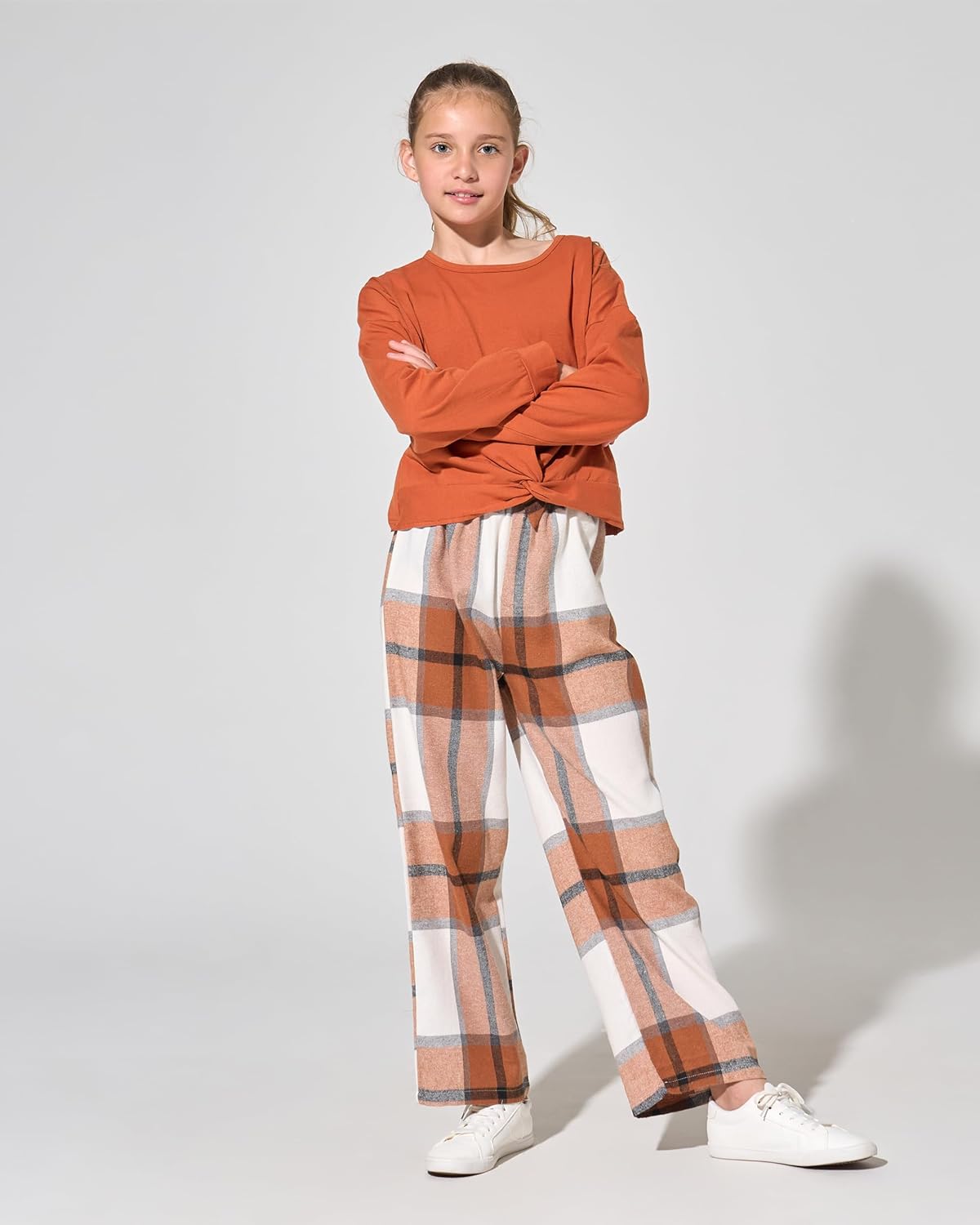 XUANHAO Girls Clothes Fashion Twist Front Pullover Top Plaid Pants Girls Clothing Sets Winter Fall Outfits for Girl Size 7-14 - Image 2