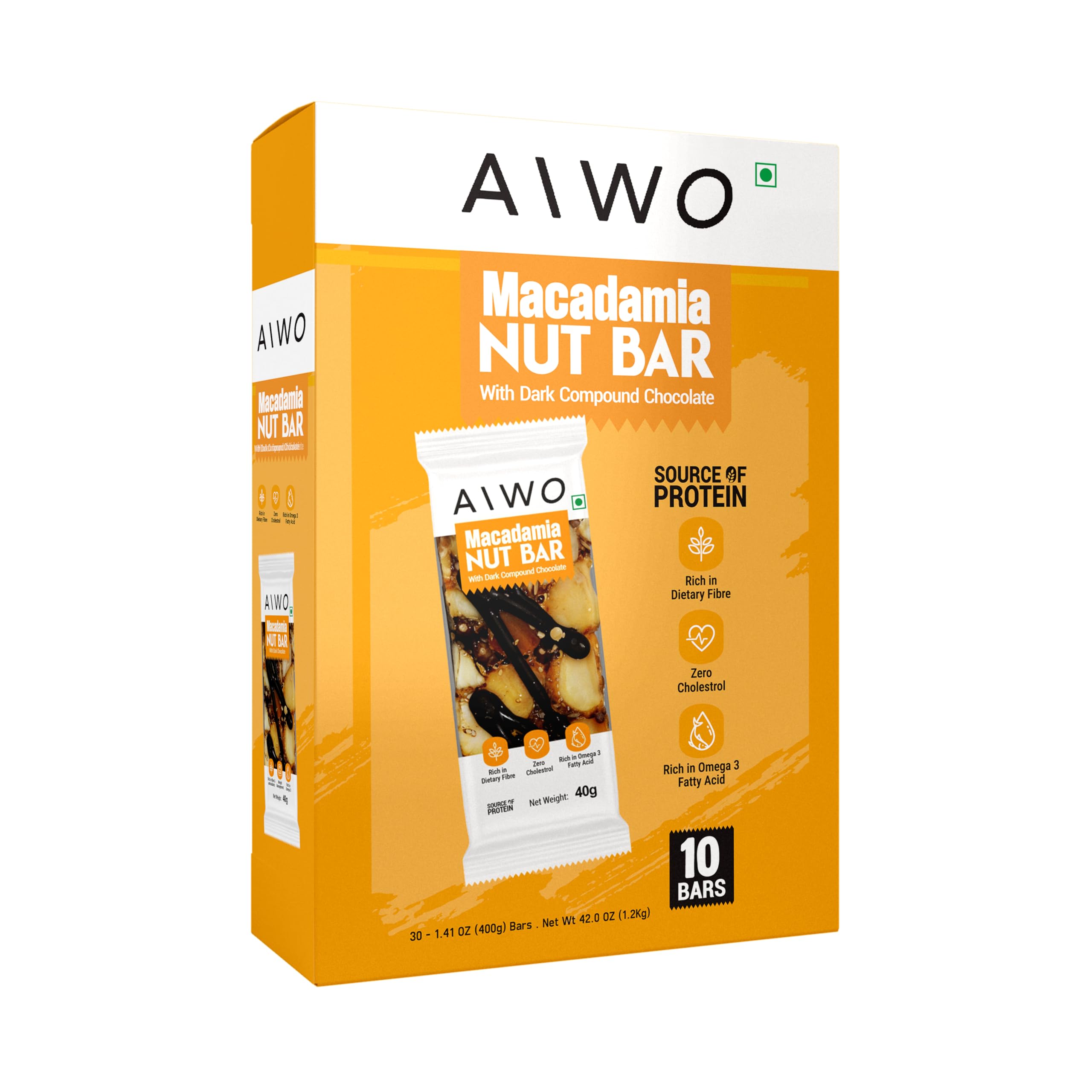 Aiwo Macadamia Nut Bar with Dark Compound Chocolate | Daily Protein Bars | Pack of 10 x 40g Protein Bars — Amazon image 3