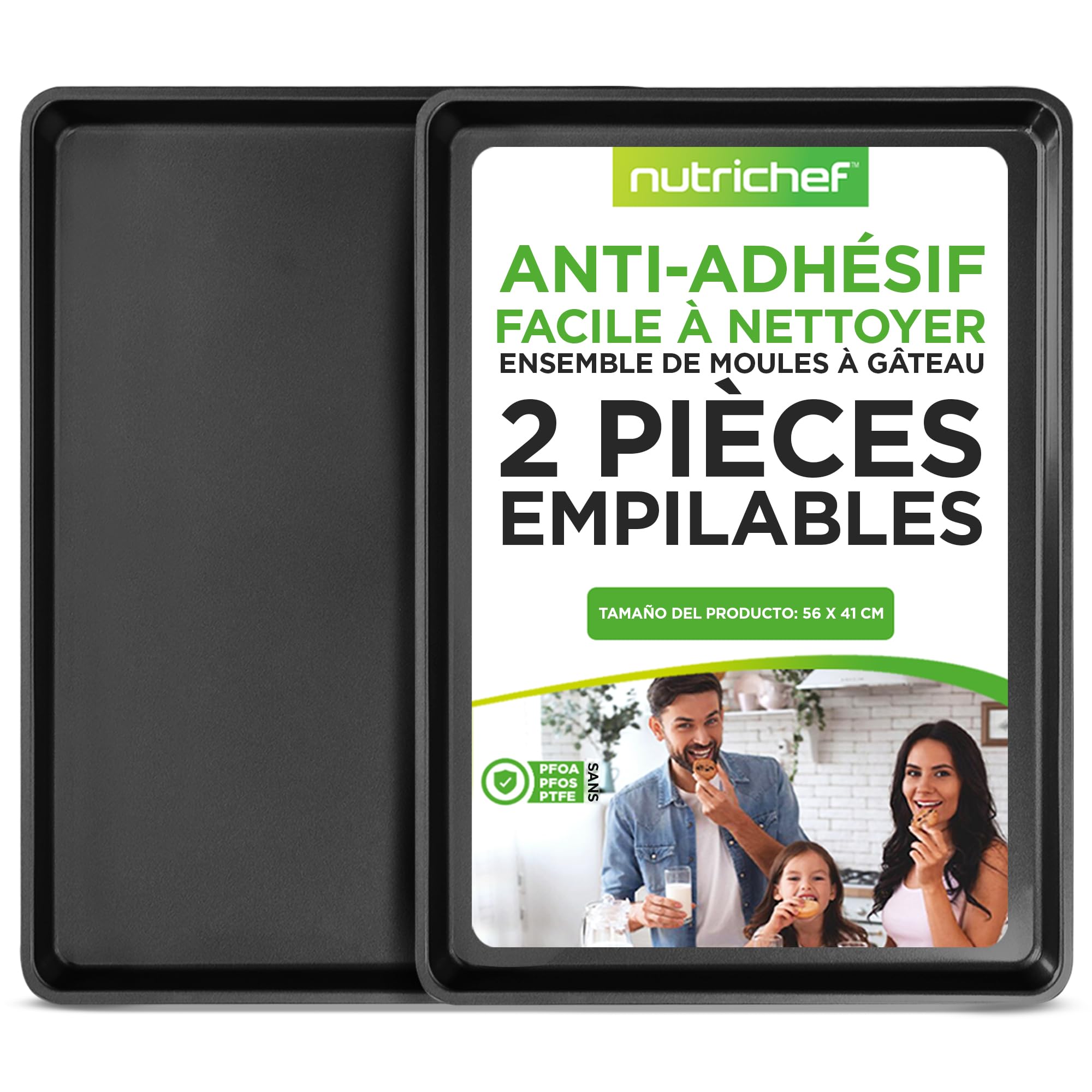 NutriChef Plaque à Biscuits Non-adhésive - Ensemble de 2 Grandes Plaques de Cuisson en Métal pour Four, Plaques de Cuisson Non-adhésive de Haute Qualité, Revêtement Métallique Noir, Sans PFOA, PFOS