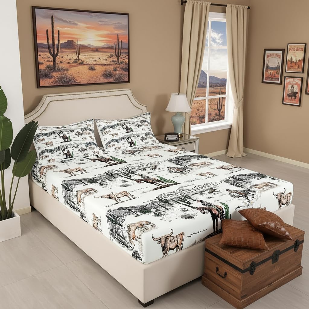 Western Cowboy Fitted Sheet Queen Size,Vintage Southwest Style Bed Sheet Desert Cactus Cow Horse Animals Bedding Set for Kids Boys Girls Adult Room Decor,Grey Brown Deep Pocket Sheet,No Flat Sheet