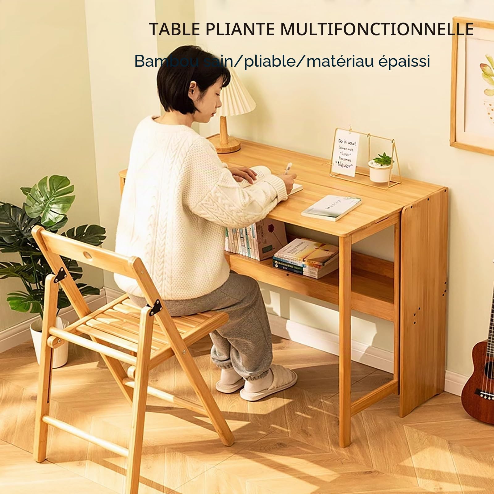 Table Pliante en Bambou Naturel, Bureau Extensible Pour Petit Espace, Avec Huche, Pour l'Étude et le Travail (Couleur Originale 100cm/39.3)