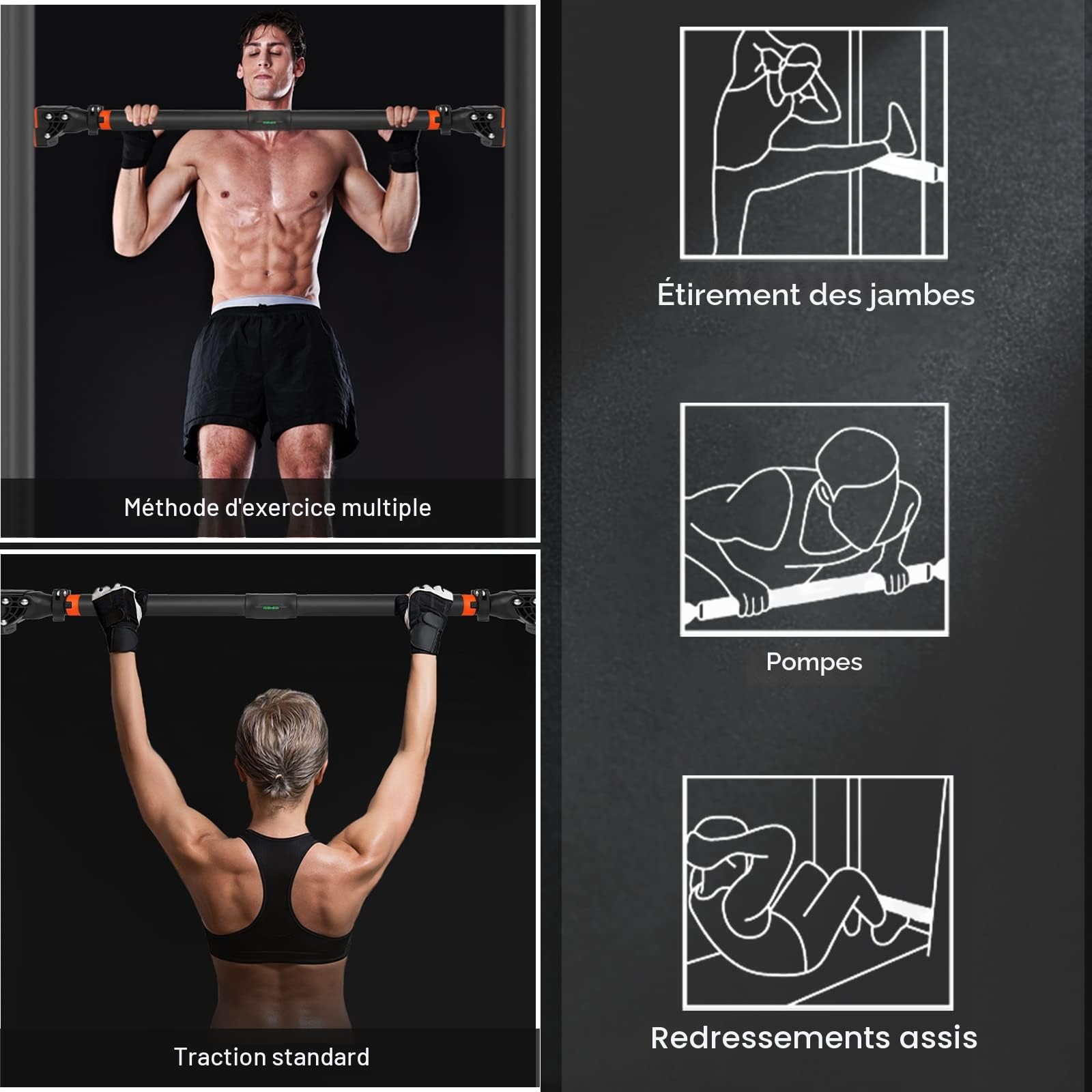 Barre de traction réglable (75-108 cm), sans perçage, barre de traction avec tapis antidérapant et fermeture de sécurité pour le fitness à la maison, maximum 200 kg