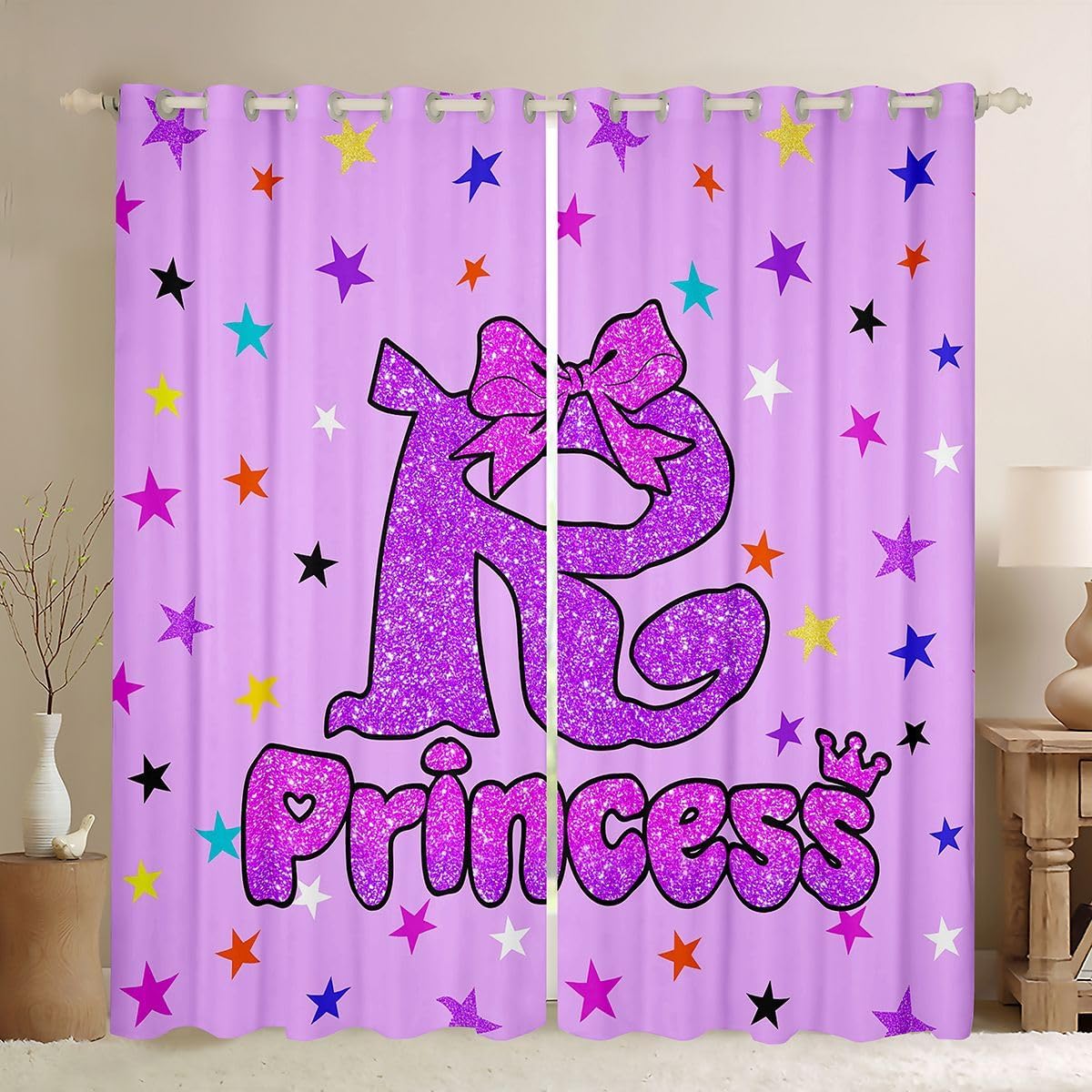 Feelyou Girls Purple Bow Curtains for Bedroom Living Room Letter 'R' Print Blackout Darkening Drapes Coquette Aesthetic Window Treatments, 2 Panels 38 x 45 Inch Elegant Girly Design Room Decor
