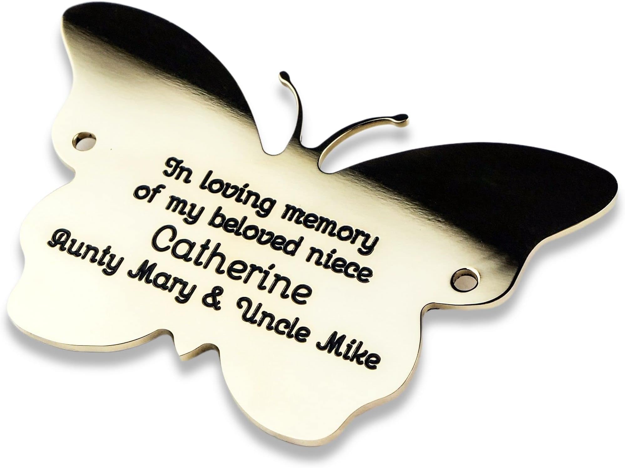 Engraving Studios 2" high butterfly shape solid brass engraved nameplate. Personalised engraved memorial plaque