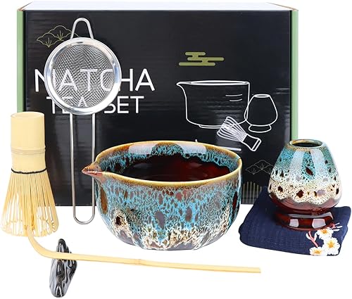 Juego de 7 batidores de matcha, juego de matcha de cerámica, incluye cuenco matcha, batidor de matcha, soporte de Chasen, cuchara de bambú, soporte