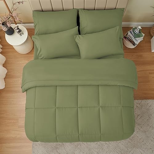 Miniatura 6 de CozyLux Juego de edredón tamaño King  Juego de cama de 7 piezas en una bolsa, color verde oliva, juego de ropa de cama King con edredón acolchado