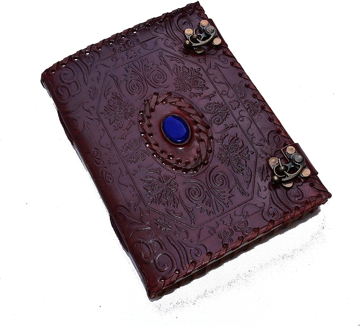 Jaald A5 Note Notebook Taccuino Foglie Diario Agenda Quaderno Album Fatto a Mano Copertina in Pelle Grimorio Diario note Bianco Chiusura fermaglio Personale Viaggio Regalo Vintage blu pietra