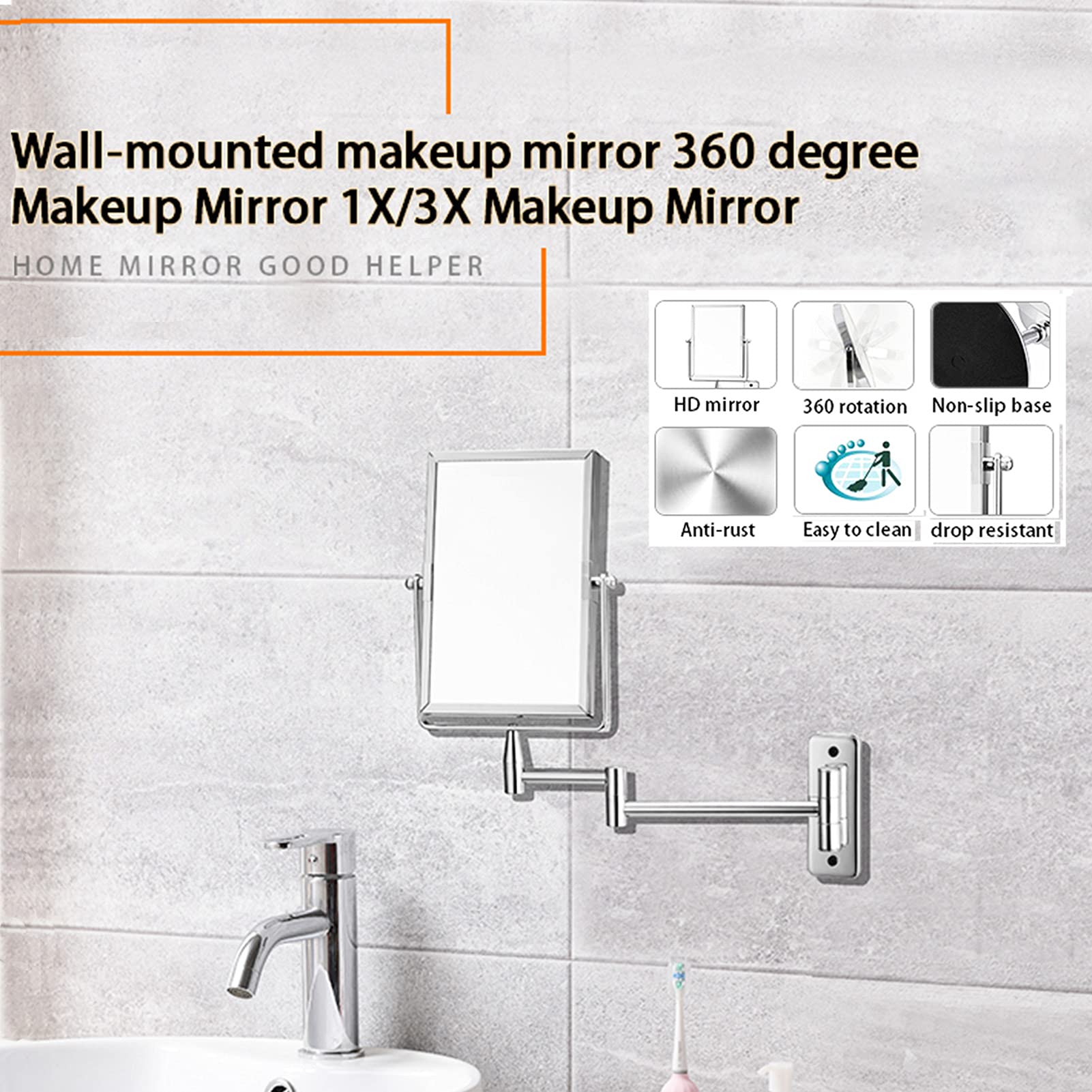 Specchio Trucco da Bagno Parete Rettangolare,Specchio Double Face Specchio Cosmetico Ingranditore,con Ingrandimento 1X/3X,Girevole a 360°,per Bagno Hotel Spa