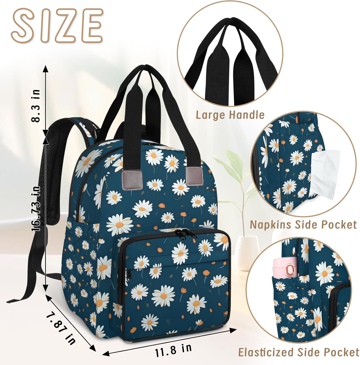 KOBLEN Daisy Diaper Bag Backpack Baby Essentials Travel Tote Bag with Insulated Pockets Multi-functional Diaper Bags Organizer Bag for Women Men