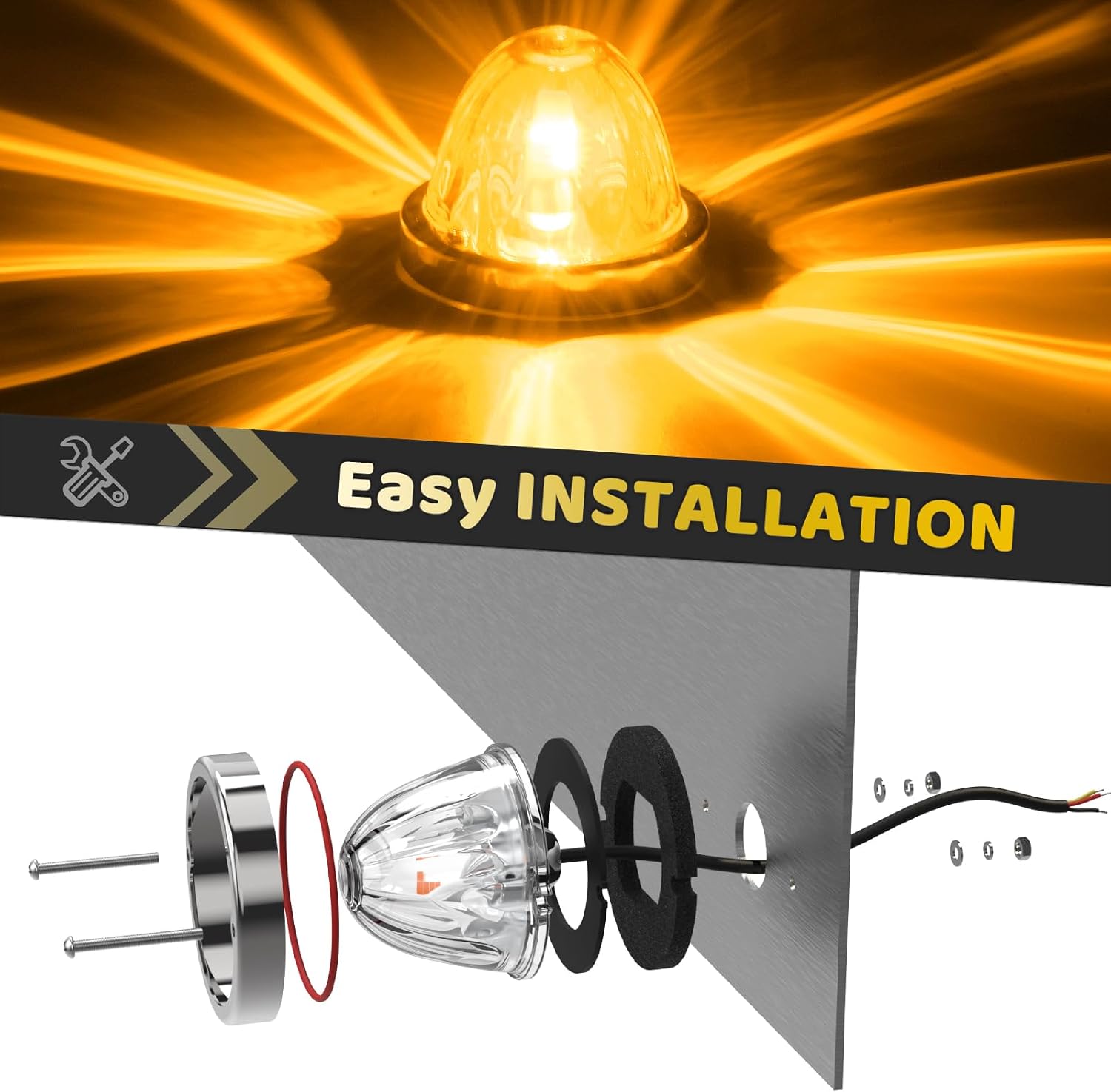 2Pcs Clear Lens Amber LED Watermelon Lights, Glass Side Marker Turn Signal Lights with Stainless Steel Bezel, 12V IP67 Amber Starburst Clearance Marker Lights for Peterbilt Kenworth Semi Trucks