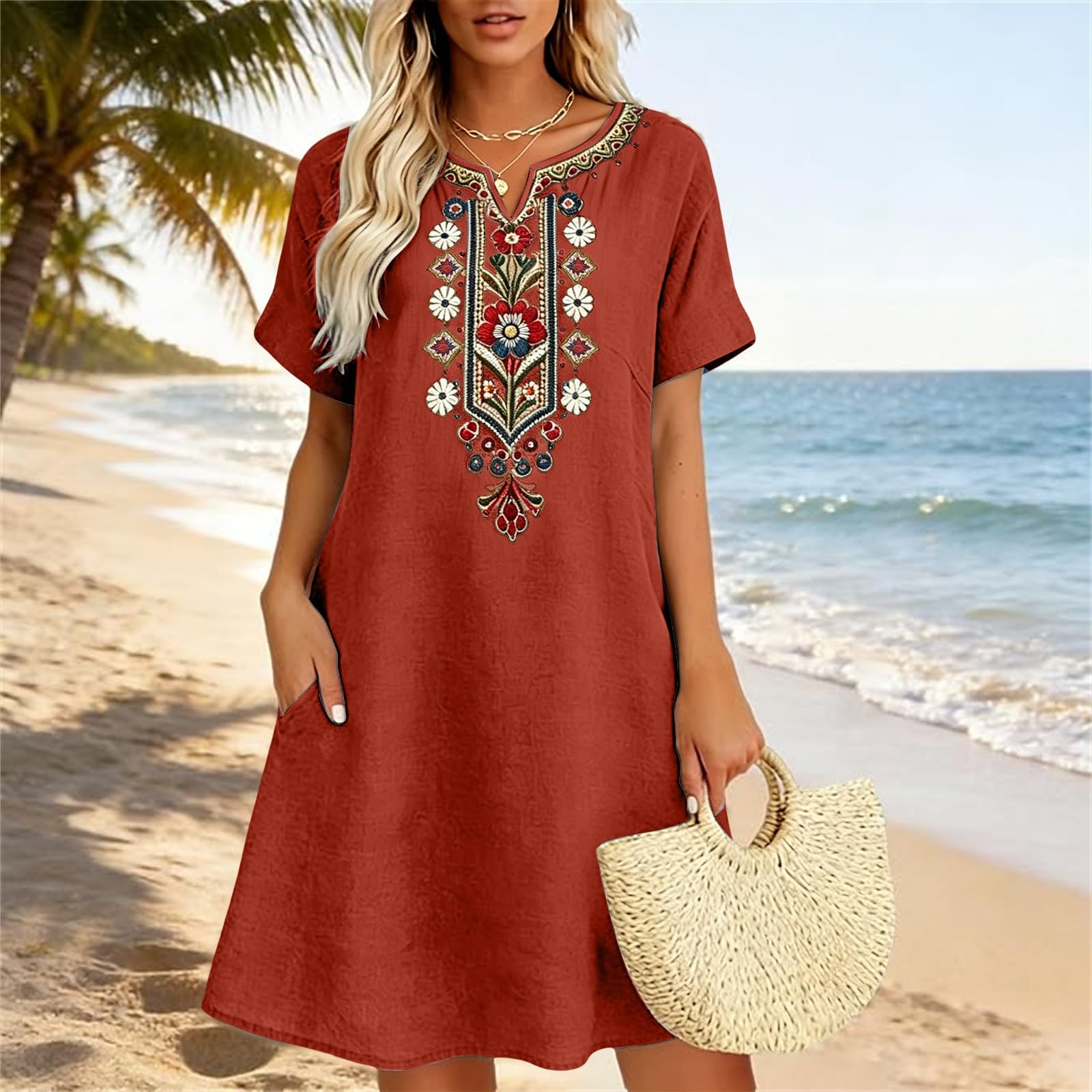 Vestidos de mujer de verano midi aireados vestidos de verano ligeros hasta la rodilla vestido de playa vestido informal midi vestido bohemio suelto vestido de playa sin mangas cuello redondo