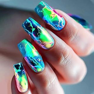 Glossy Green Gradient Stick on Nail Marble Press on Nails White Curve Line Fake Nails 24Pcs Medium Square Acrylic Full Cover False Nail Blue Ombre Gel Glue on Fingernails for Holiday Manicure Art