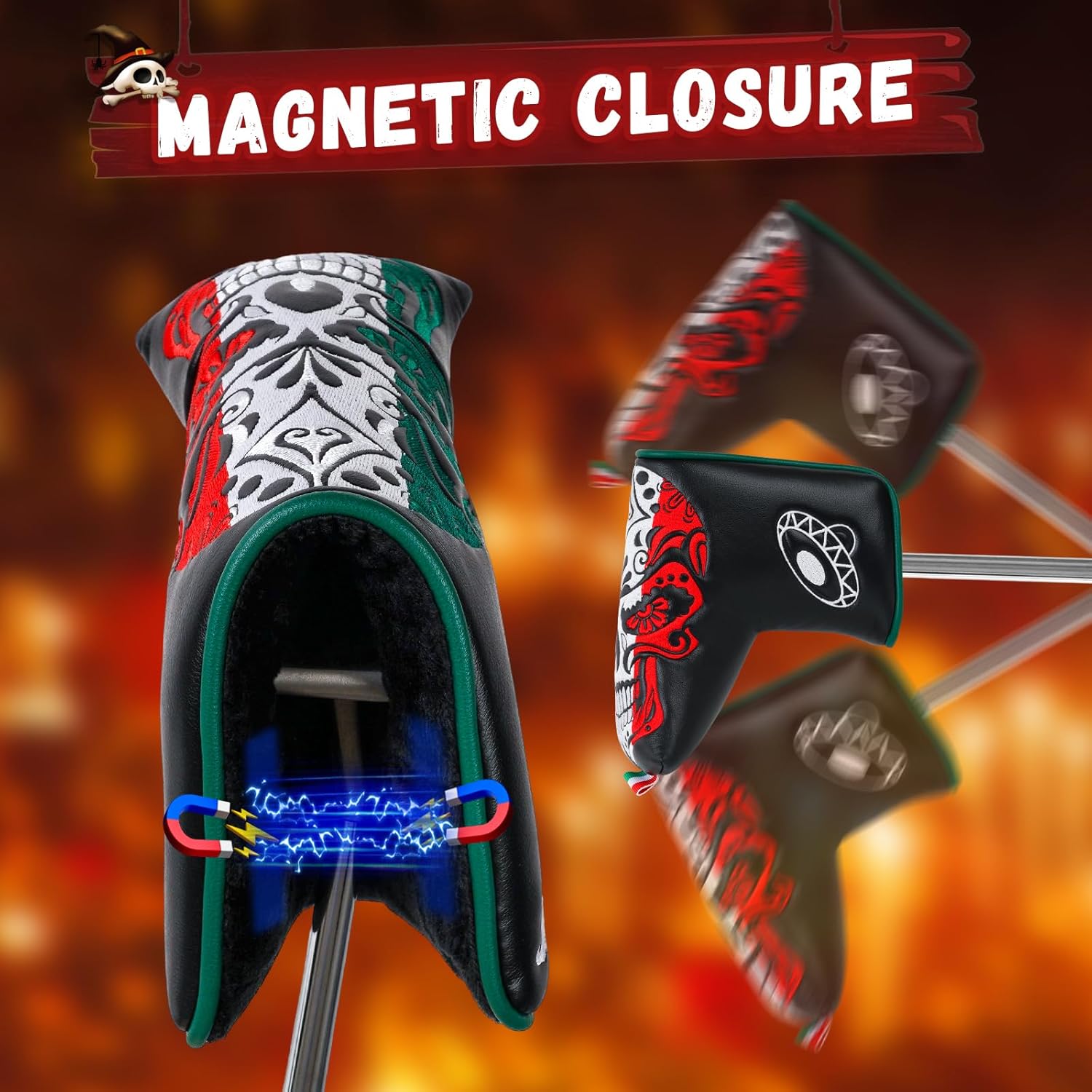 Big Crazy Golf Club Covers, Funny Golf Head Covers, Driver Headcover, Hybrid Headcover, Fairway Woods Head Covers, Putter Cover, Golf Gift Accessories for Men, Day of The Dead Skull Skeleton Design