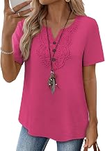 Falechay Womens Summer Tops Short Sleeve Boho Blouses Casual Lace V Neck Button Shirts Flowy Textured Trendy Tunic