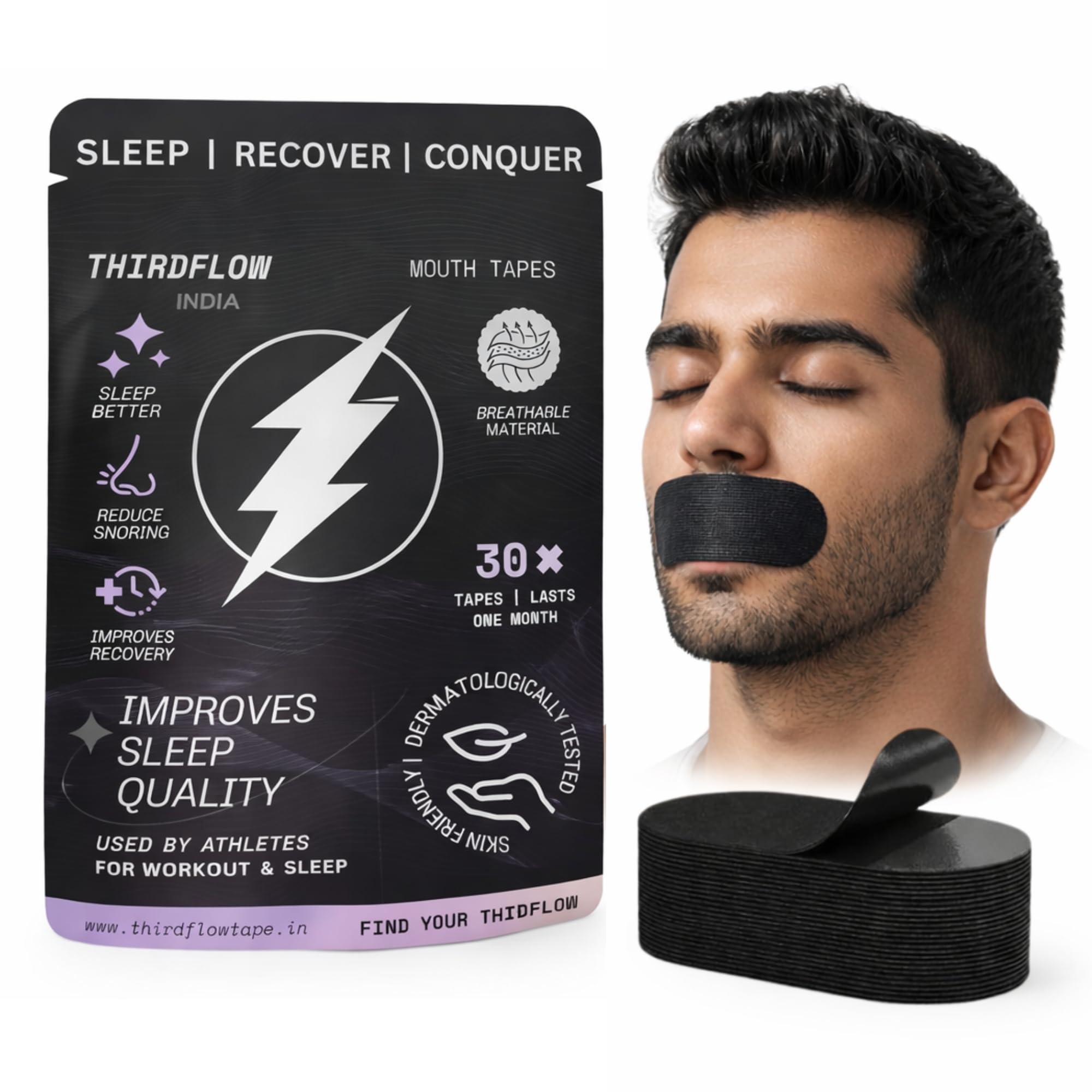 ThirdFlow Mouth Tape for Sleeping – 30 Pack | Anti-Snoring & Nose Breathing Aid | Hypoallergenic, Latex-Free, Pain-Free Removal | Strong Grip & Comfortable Fit for Sleep, Gym & Outdoor Use-image-38