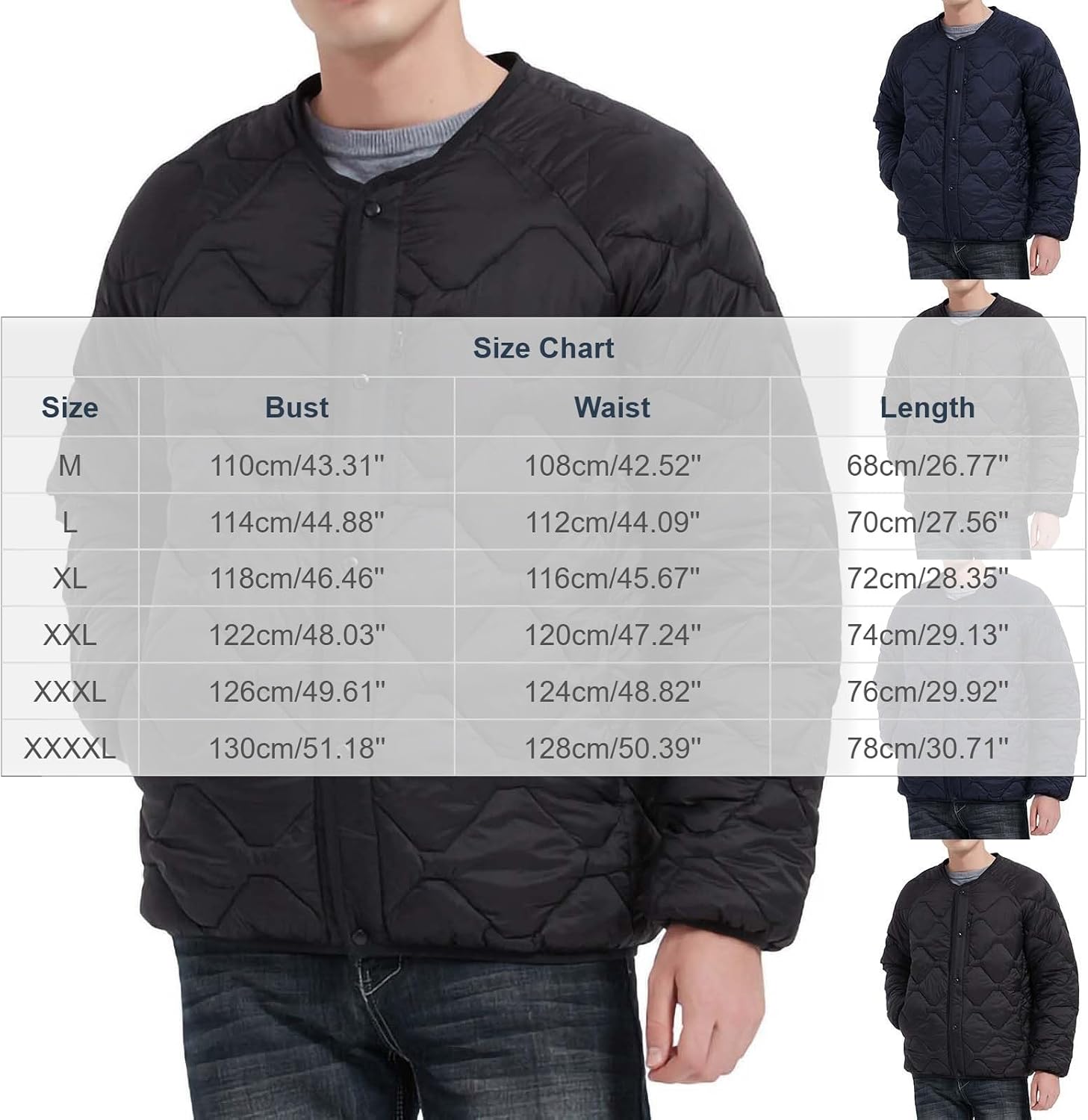 Men's Collarless Quilted Jacket, Button Front, Diamond Puffer Coat