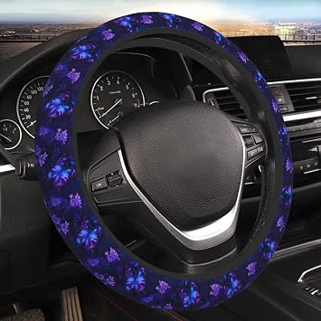 Blue Butterfly Print Steering Wheel Cover for Women Girls Floral Anti-Slip High Elastic Breathable Soft Rubber Car Steering Wheel Cover, Universal 15 Inch Fit for Cars, Auto, SUVs