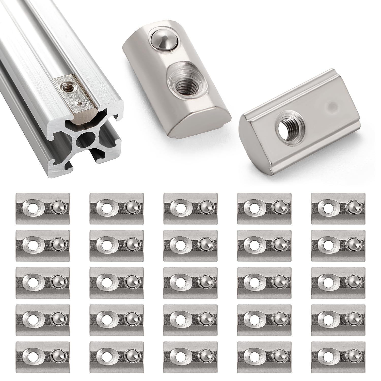 Lyeteung 25 PCS 20 Series M3 T Spring Nuts, Roll-in Spring T Nut, Half Round Roll in Spring T Slot Nut