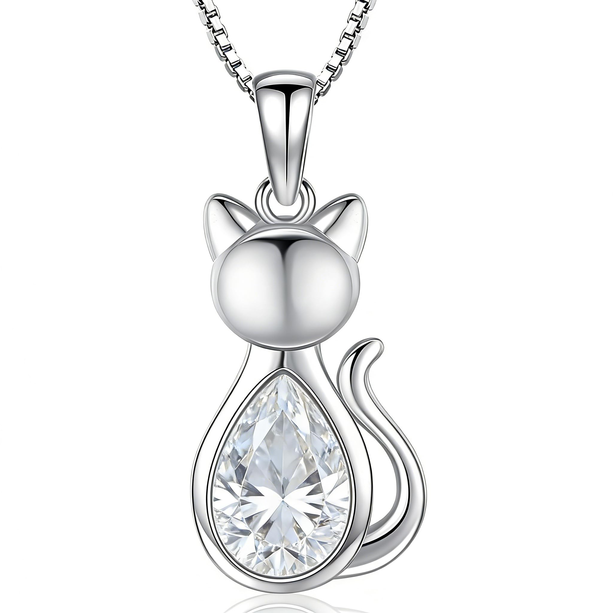 Odinstone Cat Birthstone Necklaces Jewelry Sterling Silver Cat Pendant Necklace Gift for Women Gifts, 18'' Silver Box Chain Women's Birthstone Crystal