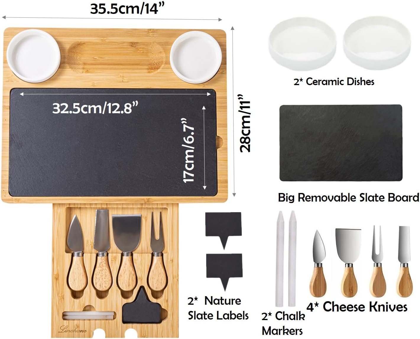 Charcuterie Board Gift Set with Large Embedded Removable Slate Serving Tray House Warming Gift New Home, Wedding Gifts for Couple, Bridal Shower Gift (Large Slate Charcuterie Board Set)