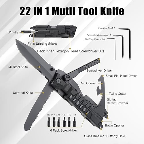Miniatura 7 de Cuchillo multiherramienta con bolsa de nailon, multiherramientas EDC 22 en 1 con palos de arranque de fuego, abridor de botellas, silbato, cuchillo
