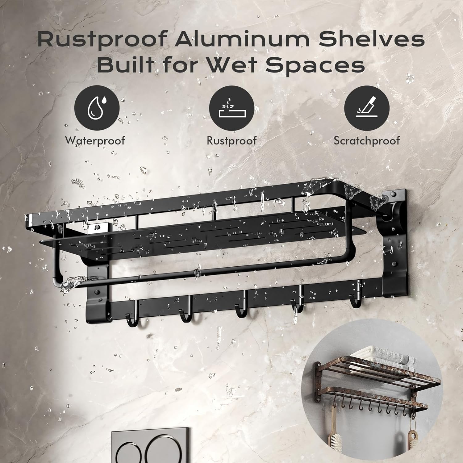 Rust-Proof Floating Shelves Organizer With Foldable Towel Bar 5 Towel Hooks Wall Mounted Organizer 23-Inch Towel Racks For Bathroom Lavatory Kitchen Rv Home Decor, Matte Black