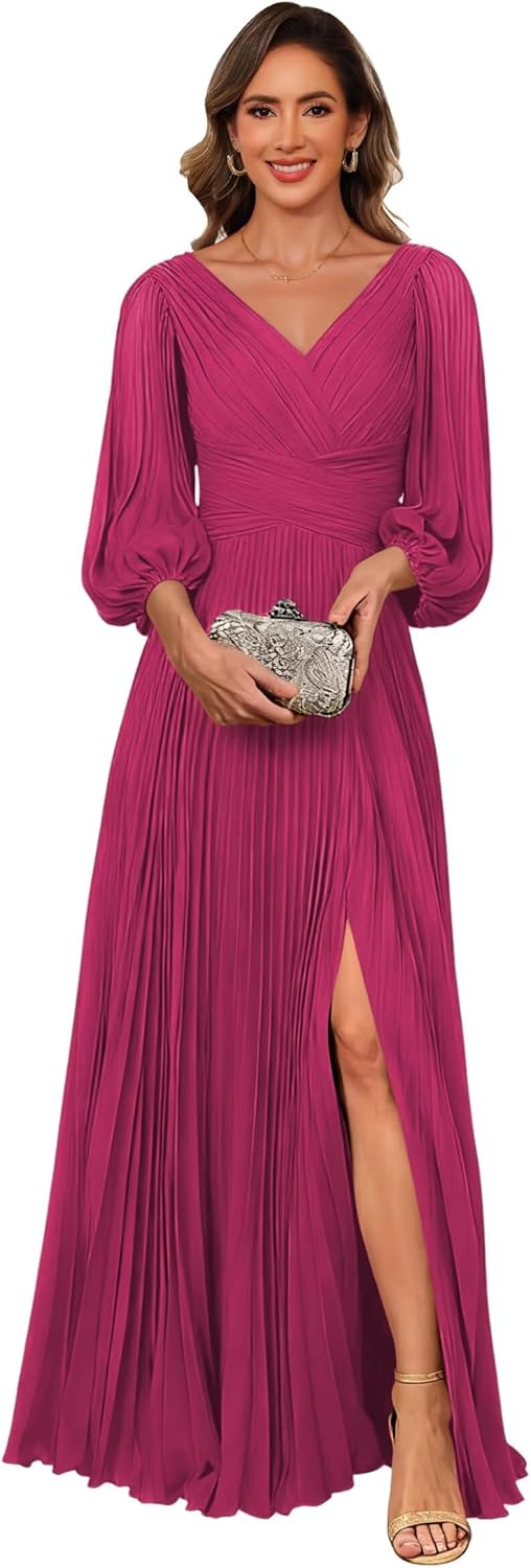 Chiffon V Neck Mother of The Bride Dresses with Slit Long Sleeves Pleated Formal Evening Dress PUS071