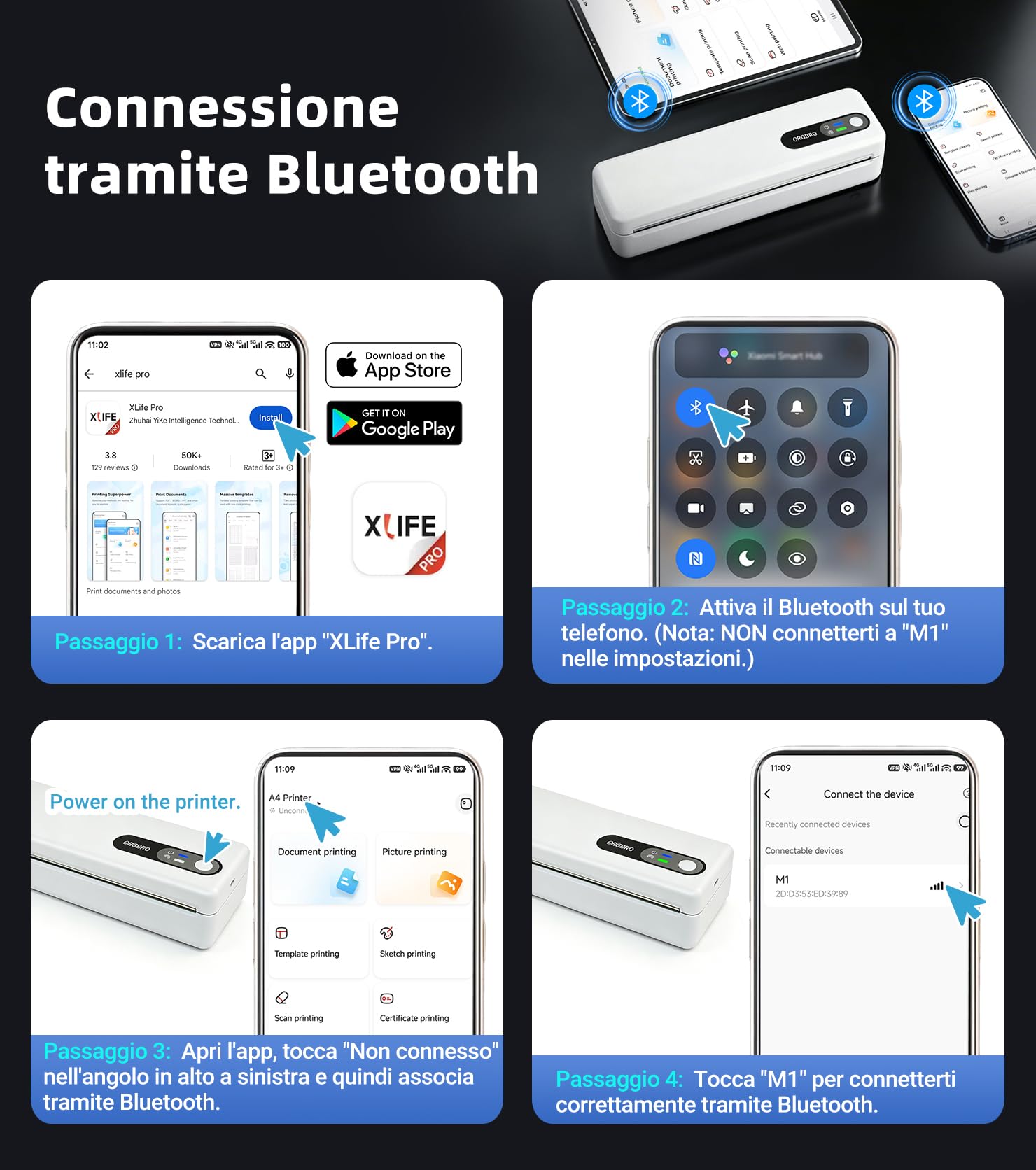 ORGBRO M1 Stampante Portatile A4 Termica Senza Inchiostro Bluetooth