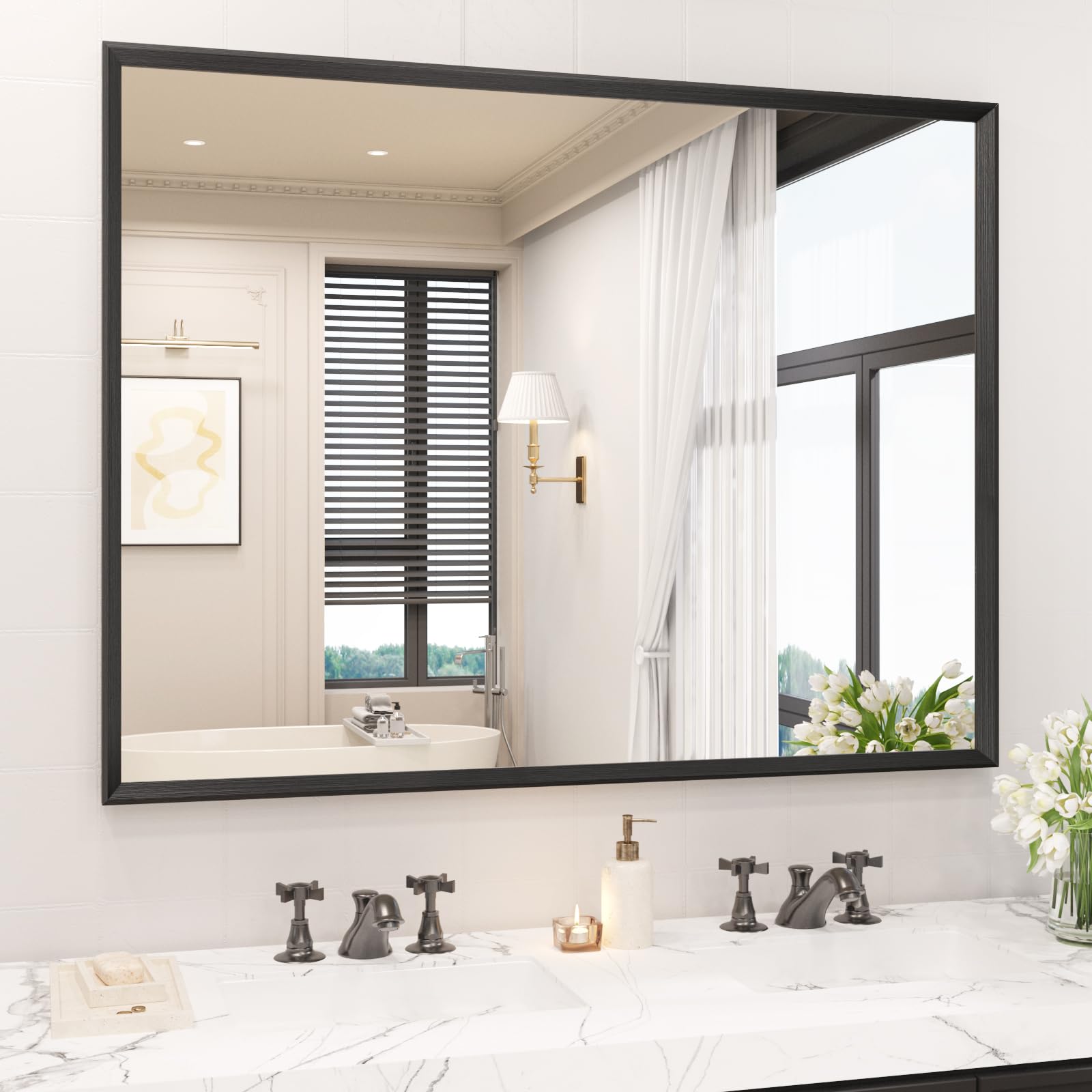 Condition photo showing New/Like New for jisoso 40x36 inch bathroom mirror, matte black framed rectangle, 4mm tempered glass, anti-rust, wall-mounted vanity mirror for bathroom & bedroom - hangs horizontally or vertically