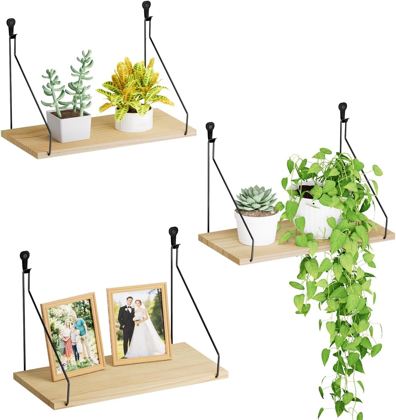 QsQueen Elevate Your Space with Rustic Wood Floating Shelves Set of 3- Perfect for Bedroom, Living Room, Bathroom, and Kitchen Decor - Easy Installation, No Drilling Needed!