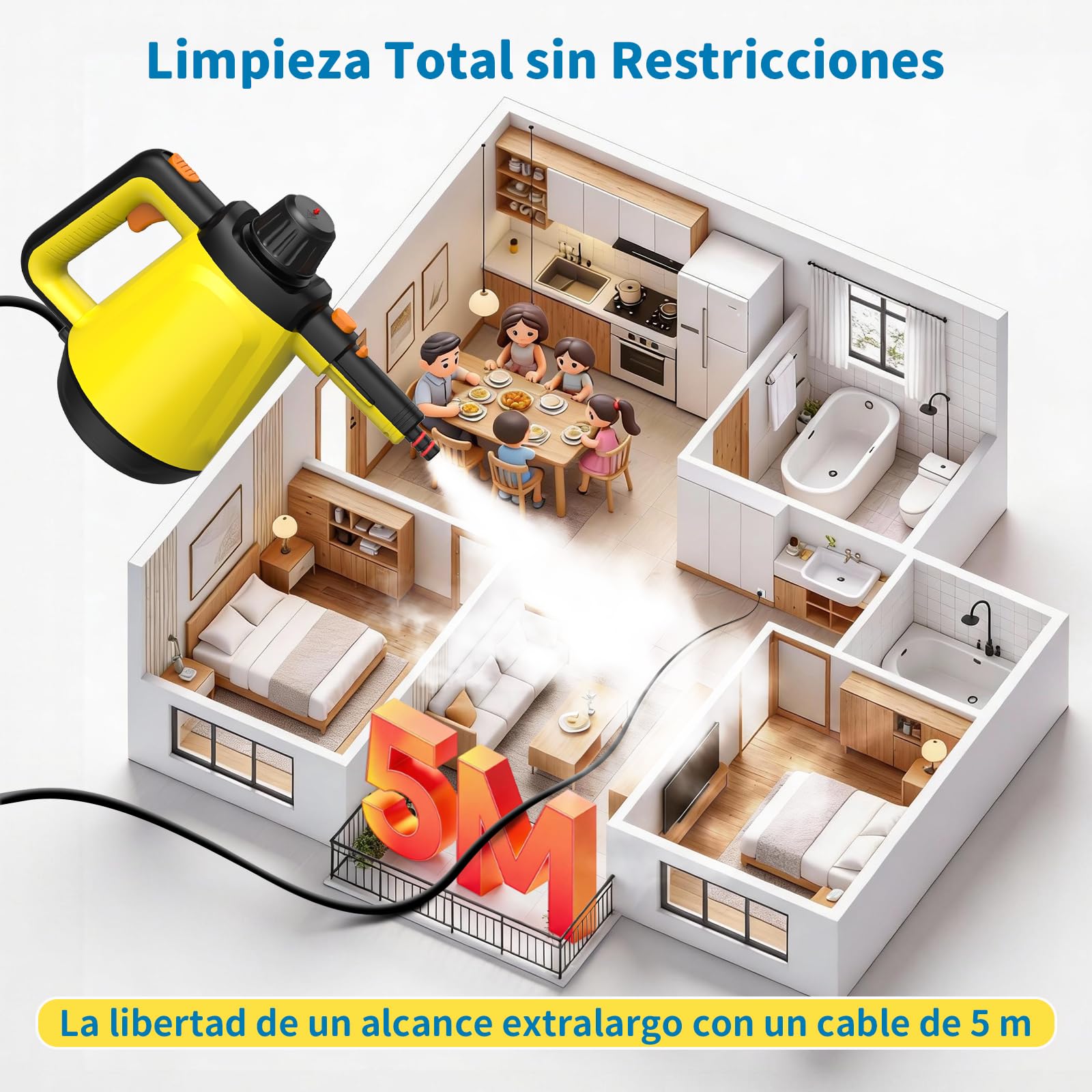 Vaporeta de Mano, 110℃ Limpiador a Vapor para una Limpieza Eficiente, Versátil Vaporeta con 10 Accesorios y Cable de 5m, Steam Cleaner para Sofás, Alfombras, Juntas, Limpieza sin Químicos (Amarillo)