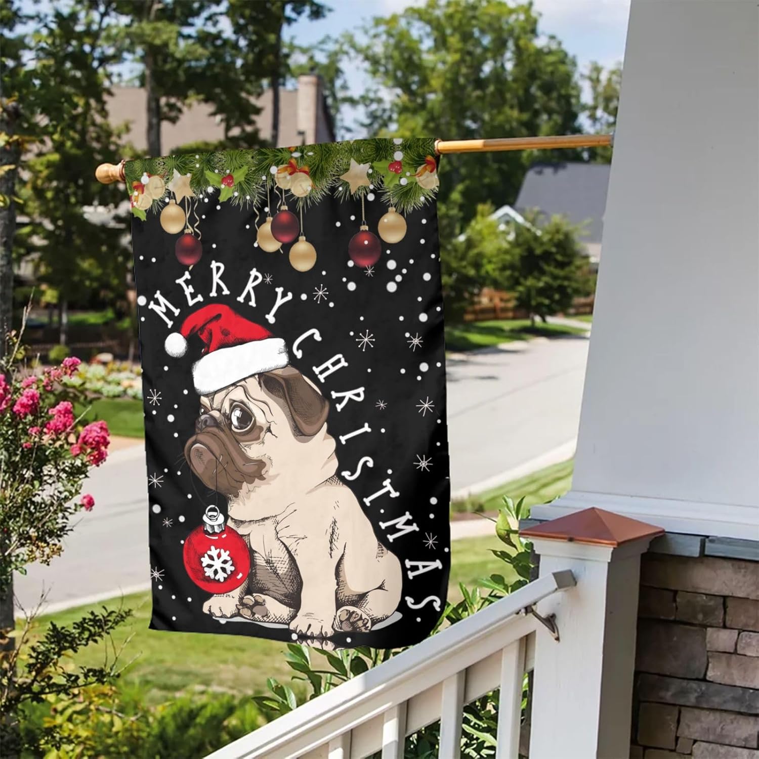 Merry Christmas Bull Pug Dog Snow Garden Flag 12x18 Inch Double Sided Vertical Decoration Yard Small Flag For Outside Holiday Seasonal Outdoor - Image 4