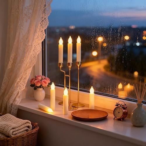 Miniatura 5 de Lezonic Candelabros sin llama que parpadean con pilas, 12 unidades (diámetro 0.8 pulgadas x alto6 pulgadas), velas LED blancas cortas para colgar