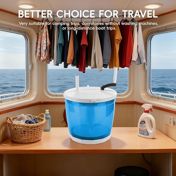2-in-1 Manual Washing Machine, Hand Crank Washer with Spin Dryer & Suction Cup Base, Portable Mini Washer for Camping Dorm Travel, No Electricity Laundry Machine 2kg Capacity (Sky Blue) - 2