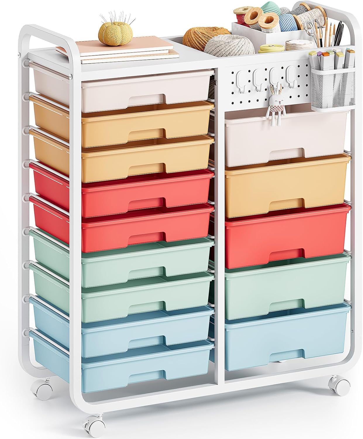 SYKIARIOL Utility Cart with 14 Drawers, Craft Cart with Drawer, Rolling Storage Drawer Cart on Wheel with Pegboard & 4 Hooks, Art Craft Organizer for Home Office, Multicolor