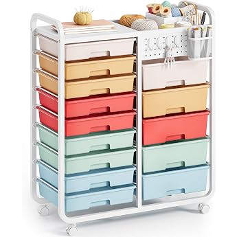 14 Drawer Trolley Bathroom Trolley Drawer Trolley with Perforated Plate Storage Trolley with Wheels and Handles for Workshop Office Kitchen Multicolored