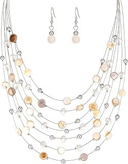 Multi-Layer Boho Shell Beaded Necklace for Women Colorful Crystal Strand with Silver Beads Statement Collars Necklace and ...