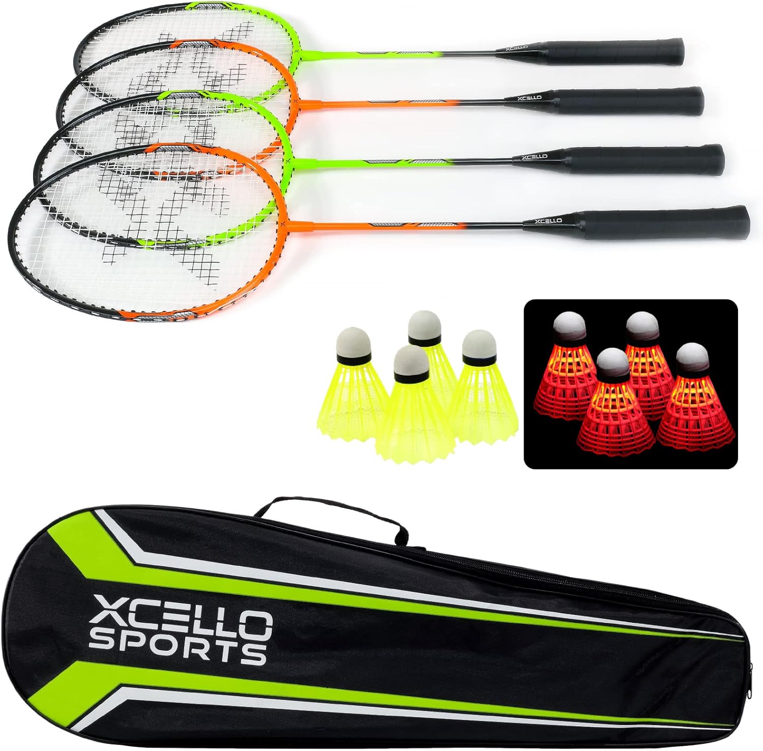 Xcello Sports Badminton Racket Set - 4 Rackets, 8 Shuttlecocks (4 Neon Yellow and 4 LED), Carry Bag : Sports & Outdoors