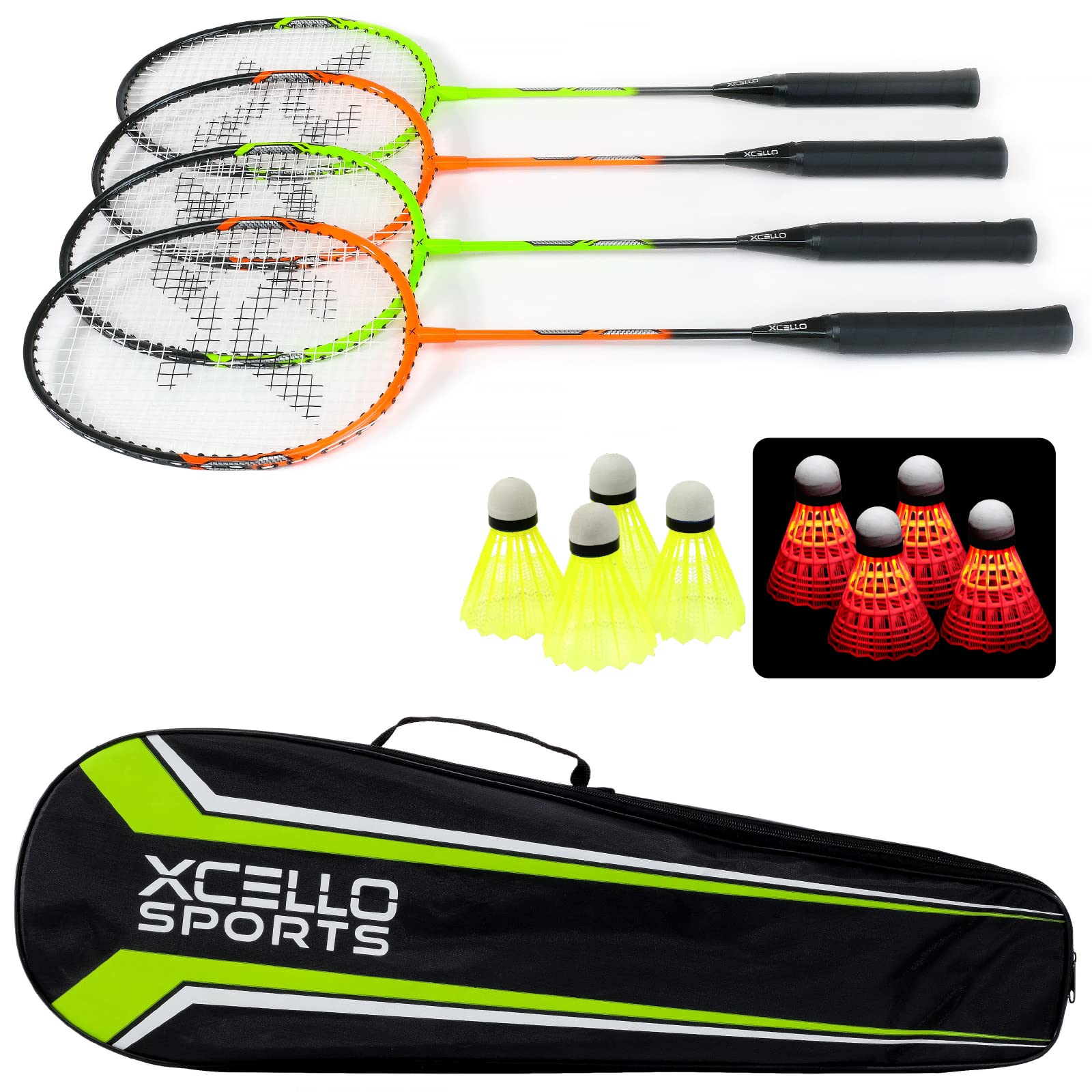 Badminton Racket Set - 4 Rackets, 8 Shuttlecocks (4 Neon Yellow and 4 LED), Carry Bag